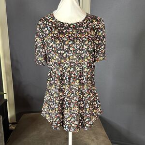 Women's Floral Short Sleeve Blouse Black Multicolor Flowers Size M NEW